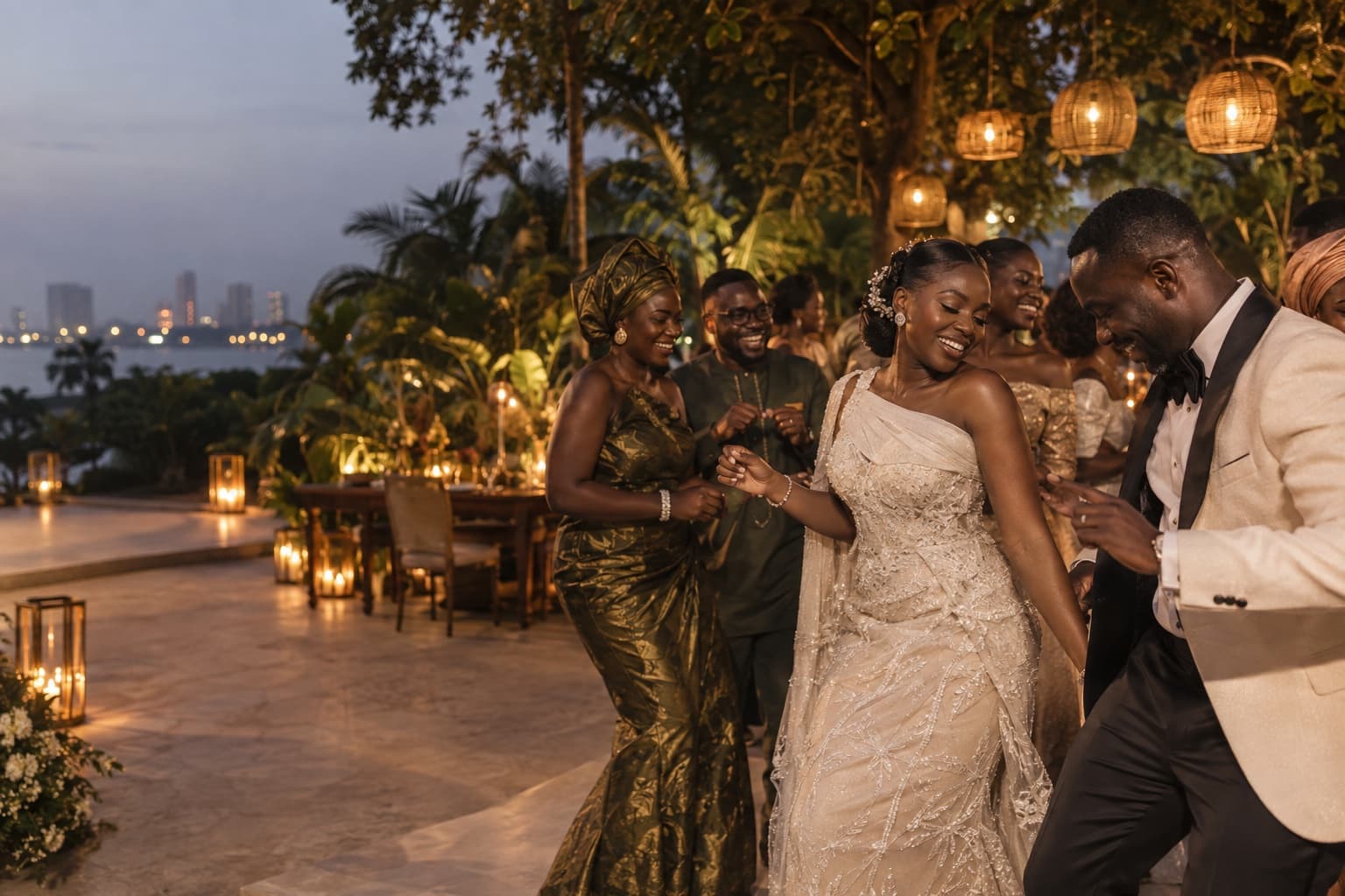 Friends celebrating together at a warm evening wedding reception